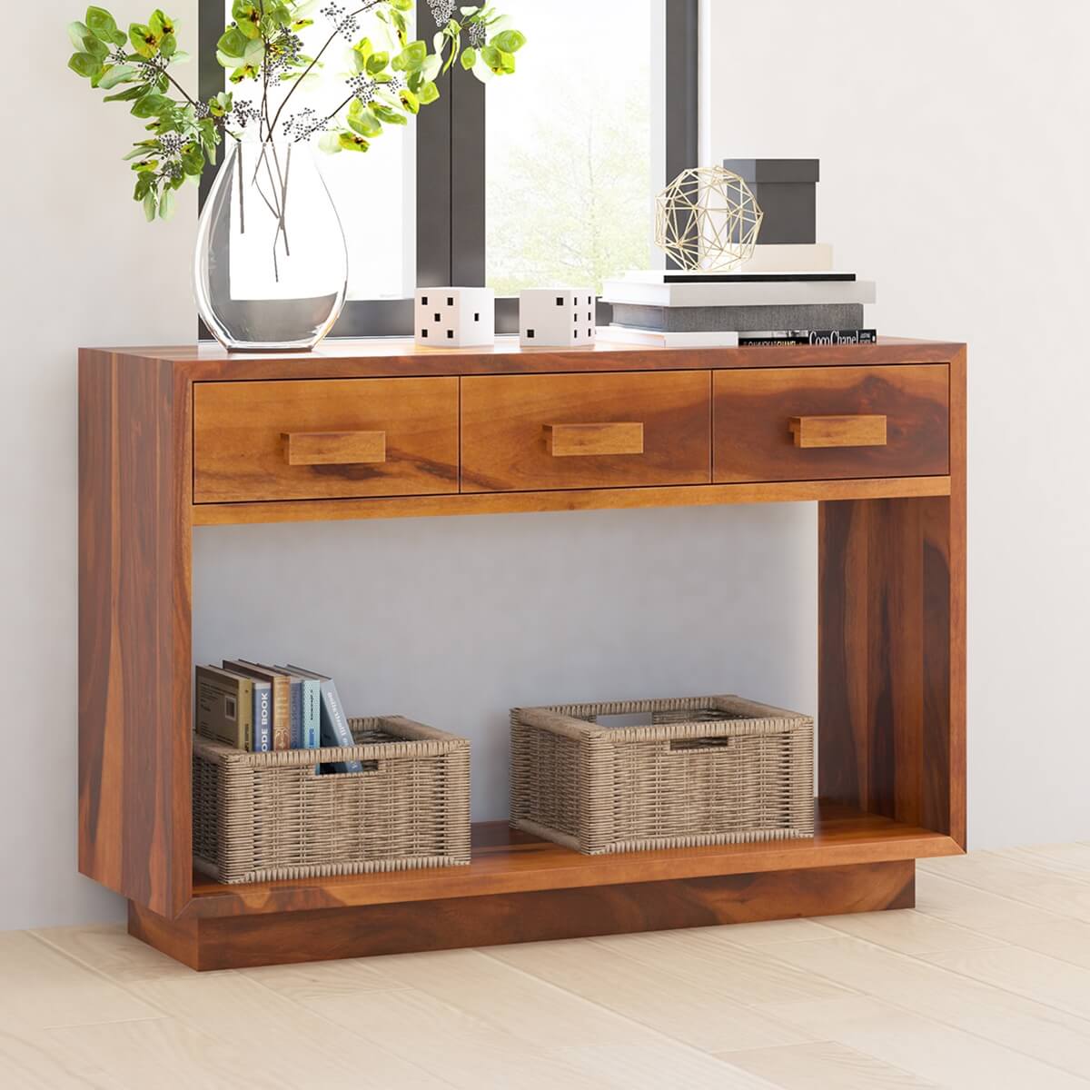 Brocton Modern Rustic 3 Drawers Console Table