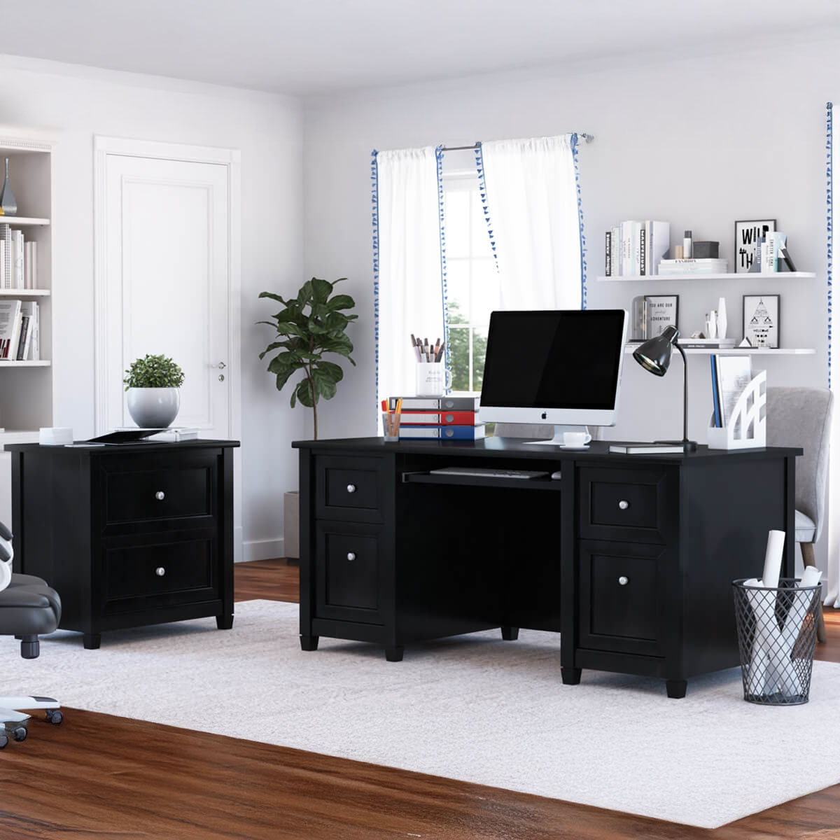 Aulander Solid Wood Black Desk with File Cabinet Set