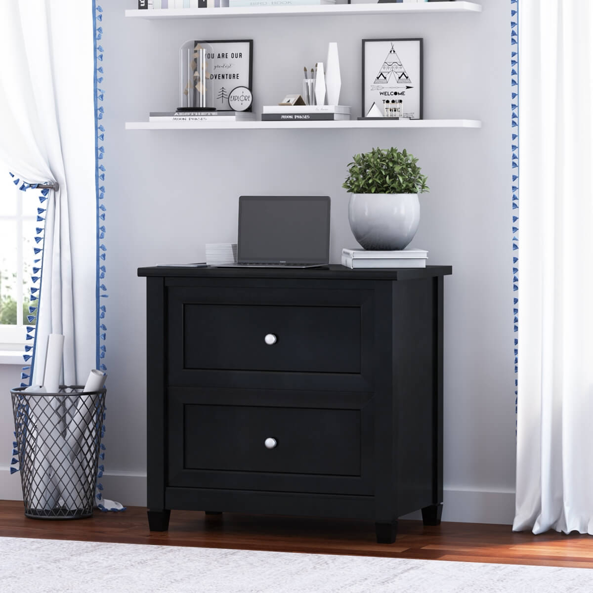 Aulander Solid Wood Black File Cabinet with 2 Drawers