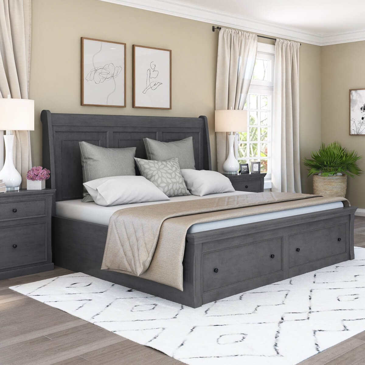Kelowna Solid Mahogany Wood Gray Storage Platform Bed With Headboard
