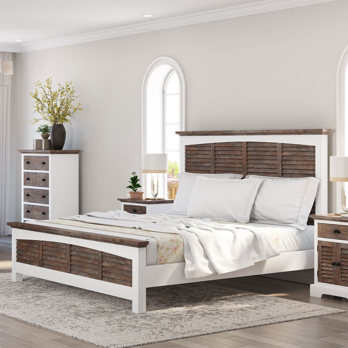 Danville Teak and Mahogany Wood Platform Bed Frame With Headboard
