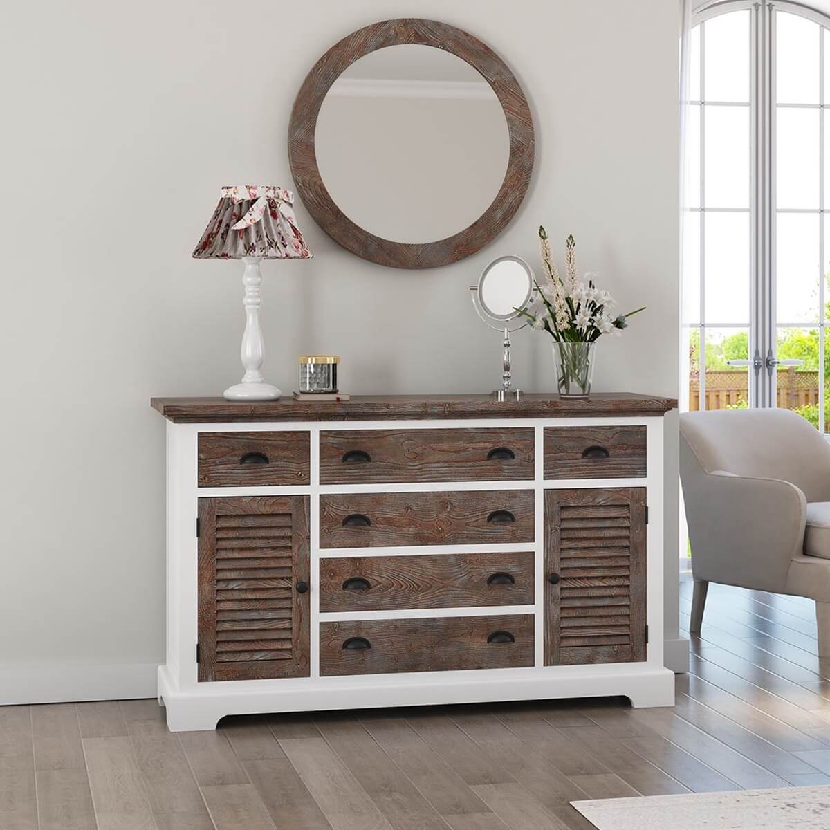 Danville Teak and Mahogany Wood Bedroom Dresser w 6 Drawer And Cabinet
