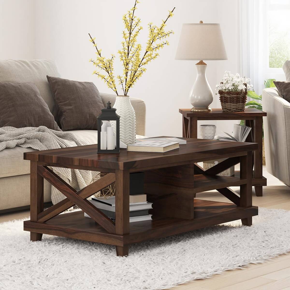 Antwerp Farmhouse Rectangular Coffee Table With Shelves