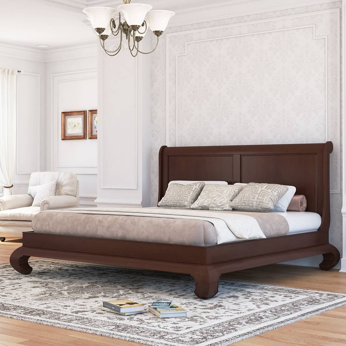 Oraibi Transitional Mahogany Wood Opium Platform Bed With Headboard