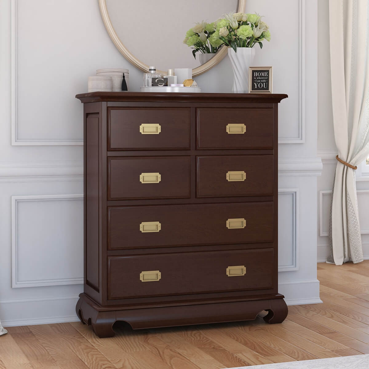 Oraibi Mahogany Wood Bedroom Tall Dresser With 6 Drawers