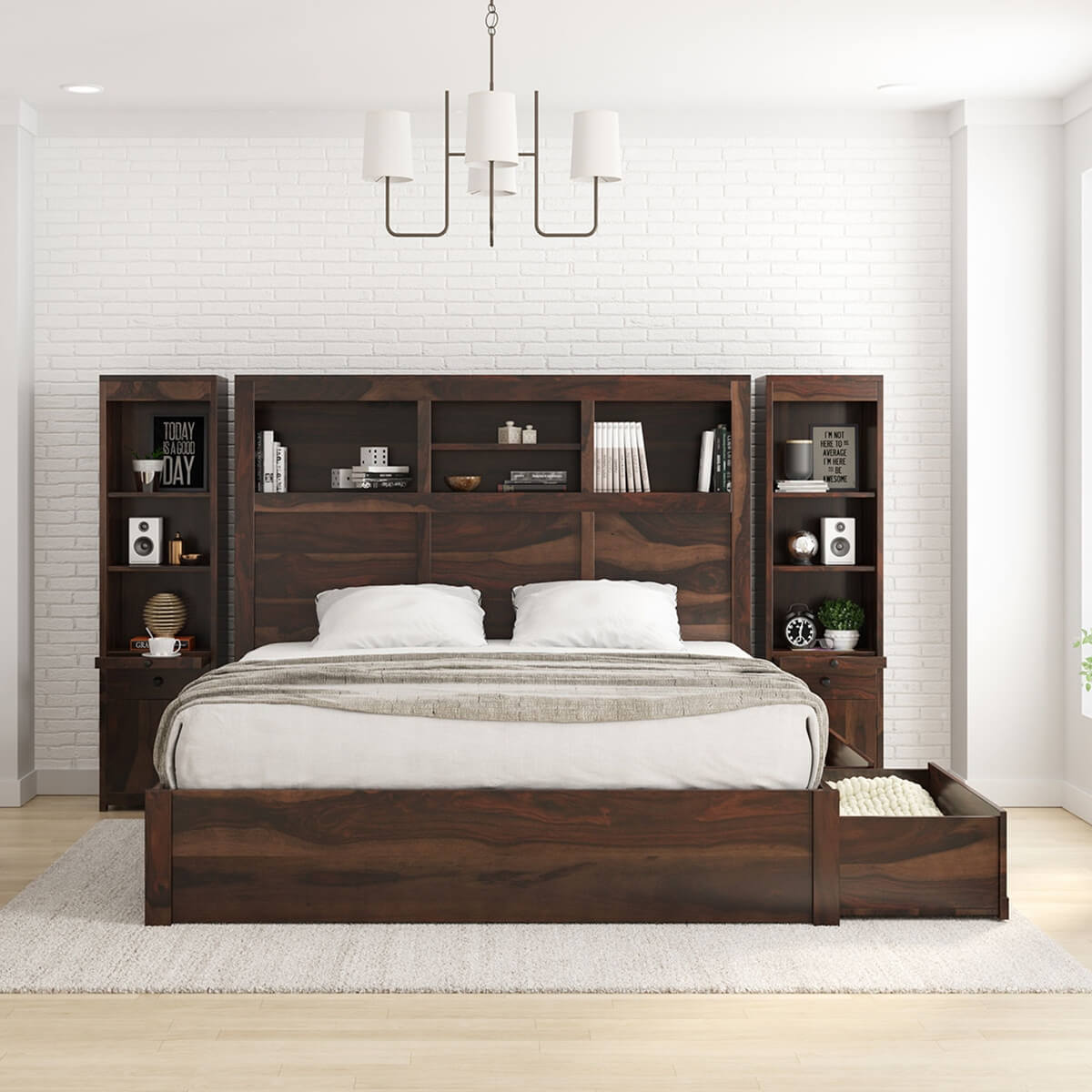 El Centro Solid Wood Storage Platform Bed with Bookcase Headboard