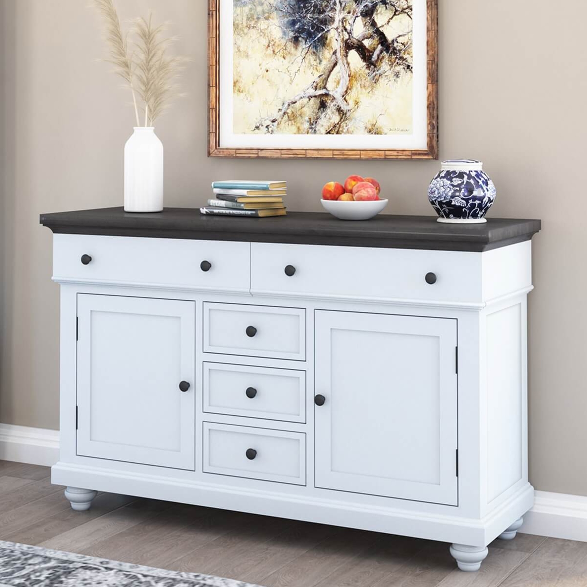 Morrilton Two Tone Mahogany Wood White Sideboard Cabinet with Drawers