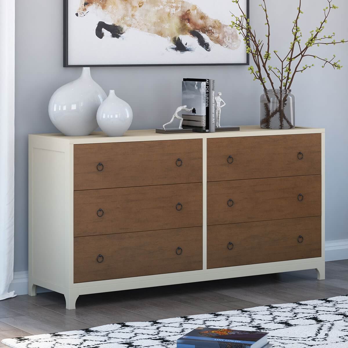 Effingham Two Tone Mahogany Wood Bedroom Dresser with 6 Drawers