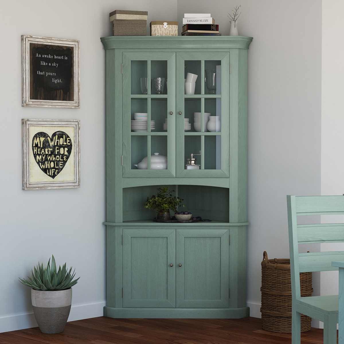 Bremerton Blue Solid Mahogany Wood Glass Door Corner Hutch