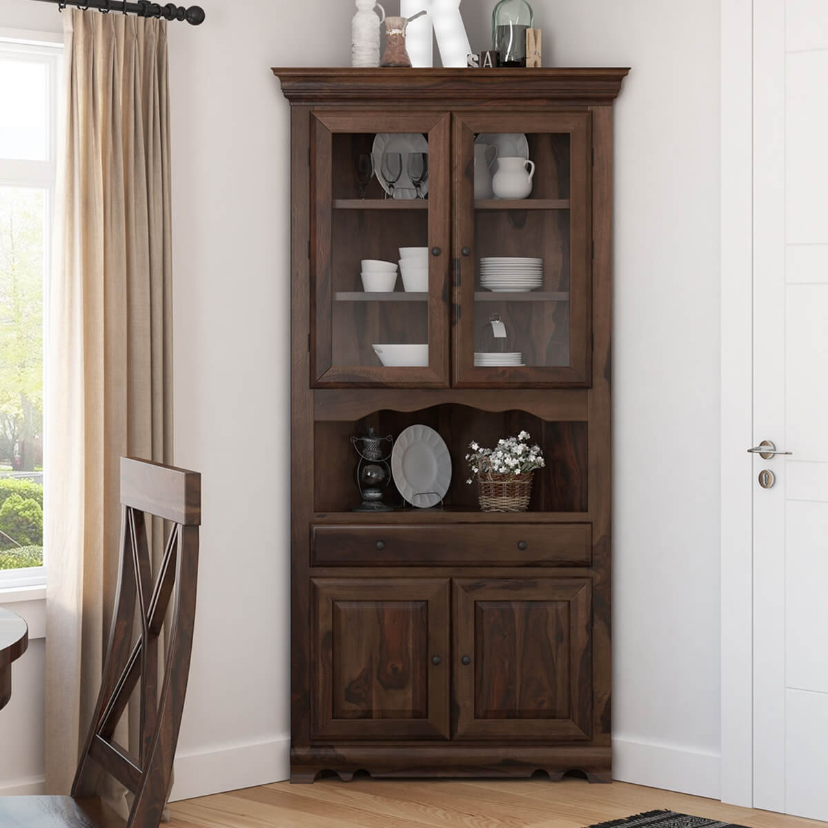 Tiverton Rustic Solid Wood Glass Door Dining Corner Hutch