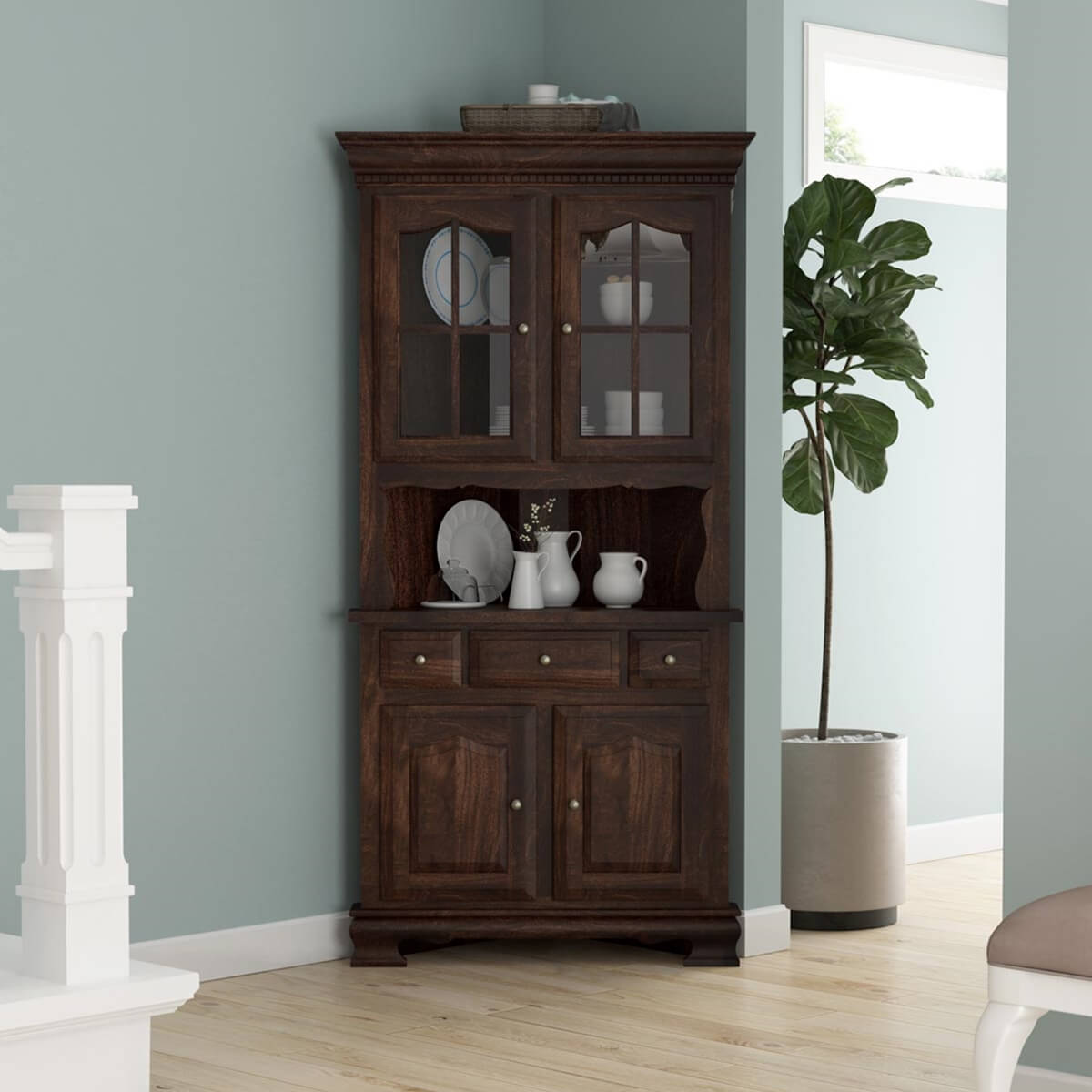 Carlinville Rustic Solid Wood Glass Door Corner Hutch