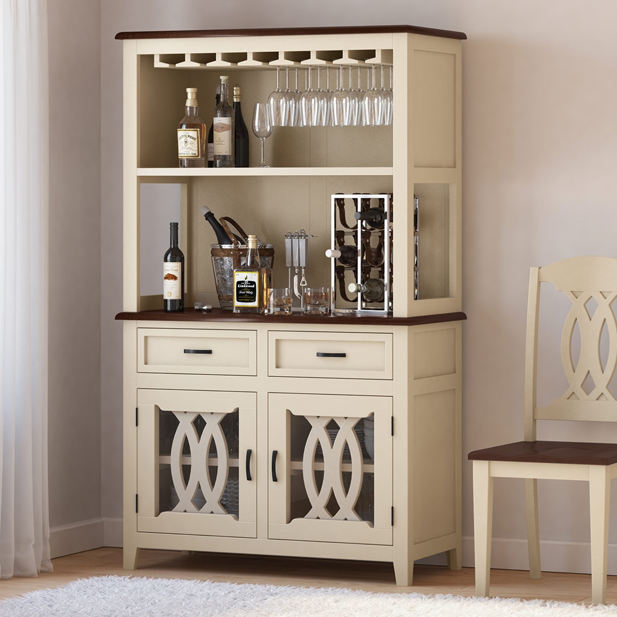 Carrollton 2-Tone Mahogany Wood Wine Bar Hutch Cabinet