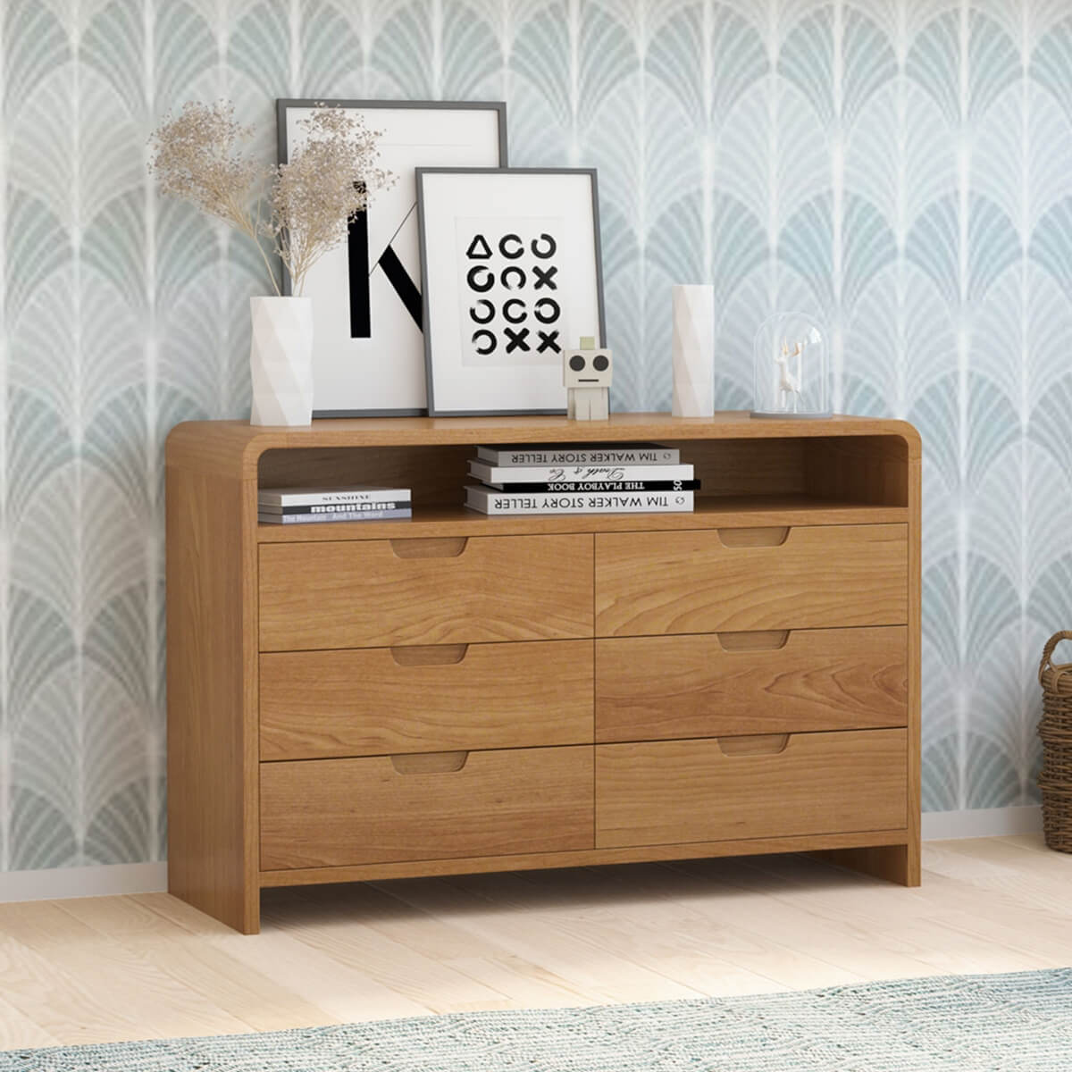 Rebersburg Solid Teak Wood Dresser with 6 Drawers and Open Shelf