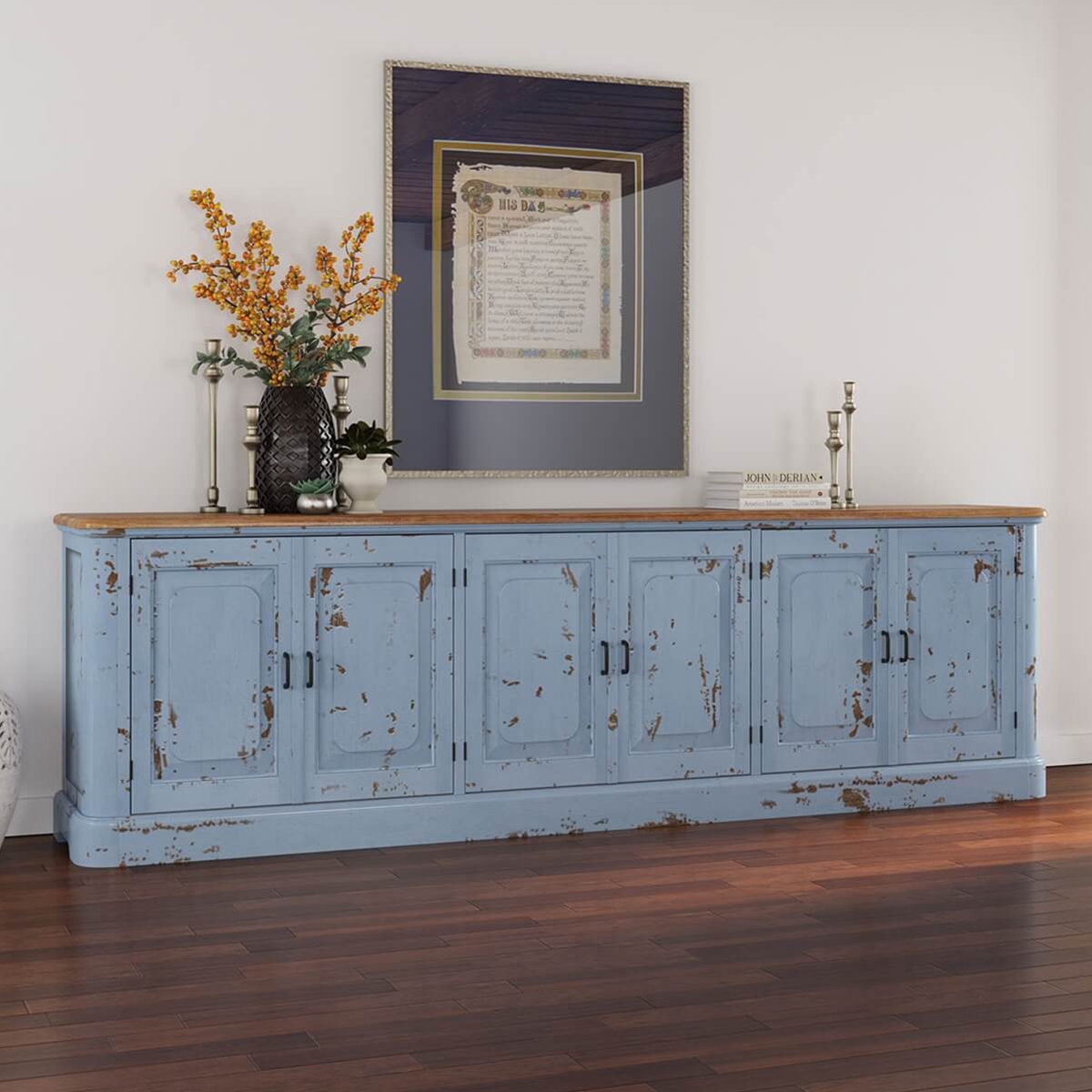 Nauvoo Blue Two Tone Mahogany Wood Extra Long Buffet Sideboard