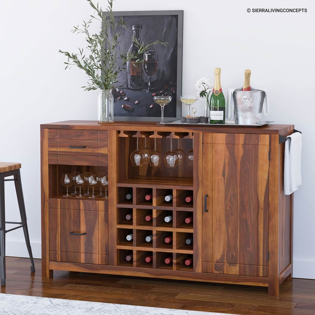 Mancos Rustic Solid Wood Modern Bar Cabinet with Slide-out Drawer