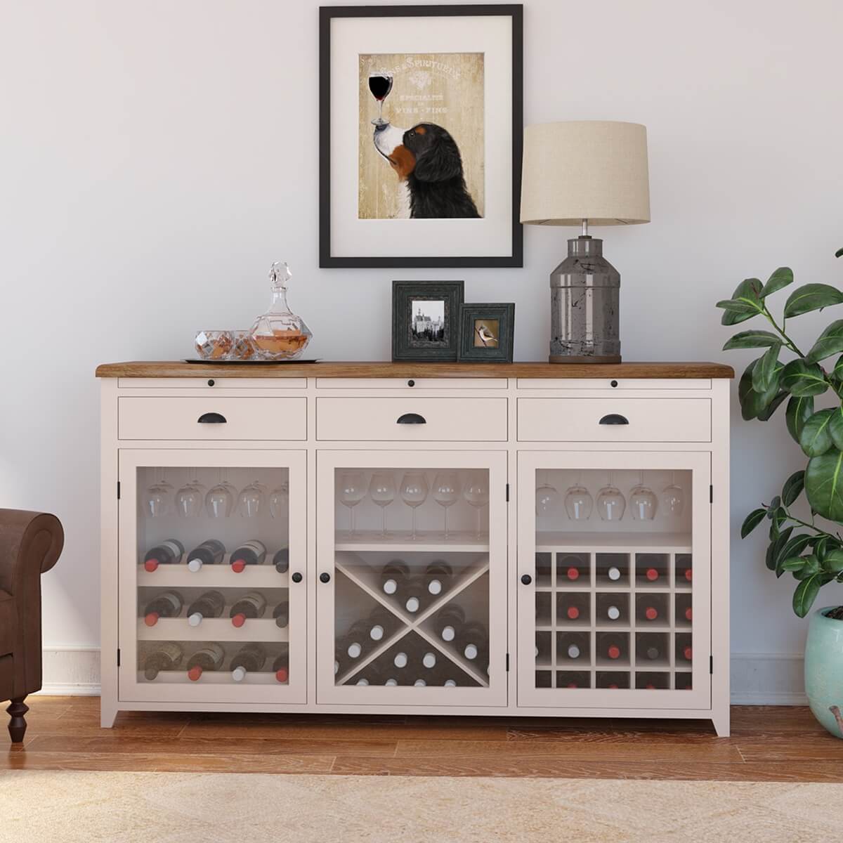 Stowe Two-Tone Solid Wood Large Bar Cabinet with Wine Rack