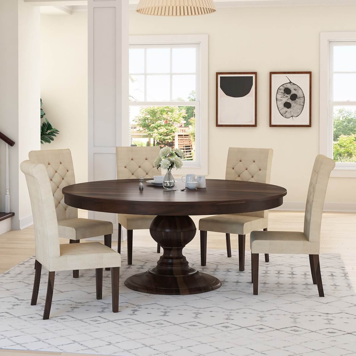 Clanton Rustic Solid Wood Pedestal Round Dining Table Chair Set