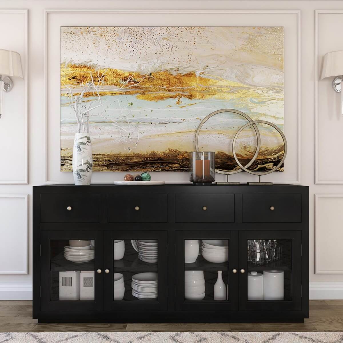 Evanston Rustic Solid Wood Black Buffet Cabinet with Glass Door