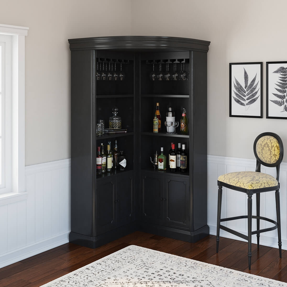 Ashon Rustic Solid Wood Tall Black Corner Bar Cabinet