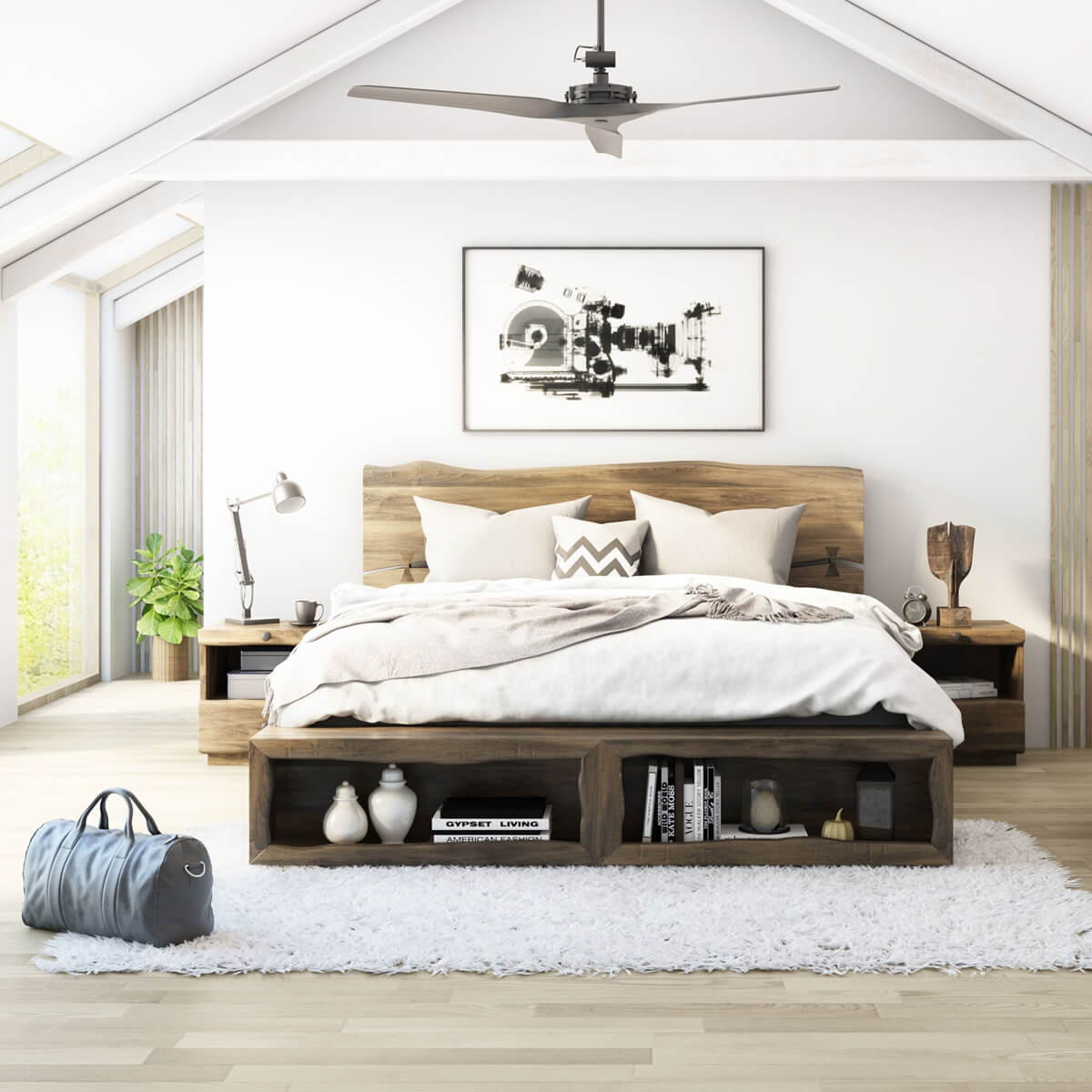 Ambler Solid Mahogany Wood Live Edge Style Platform bookcase Bed