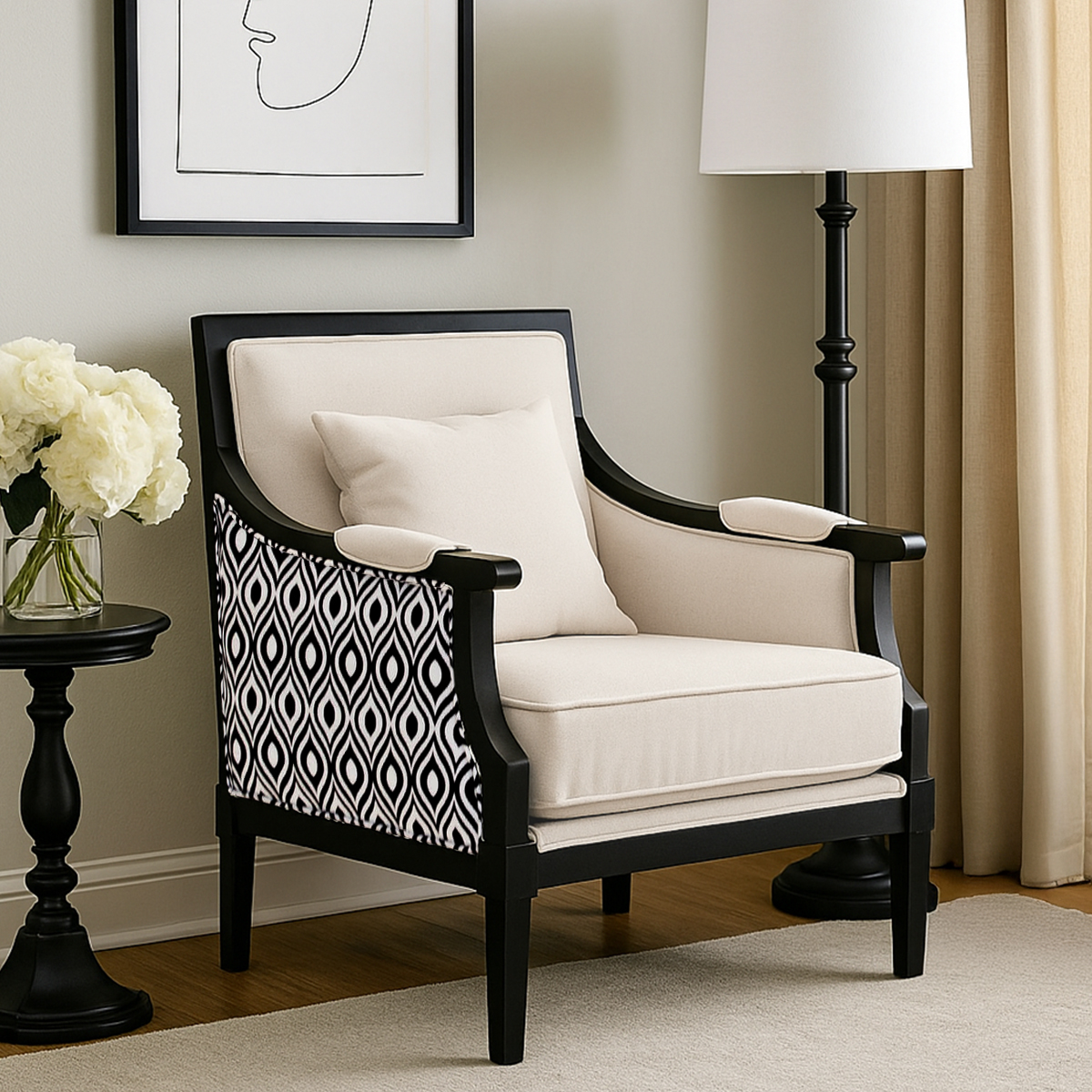 Black and White Mahogany Wood Upholstered Accent Armchair