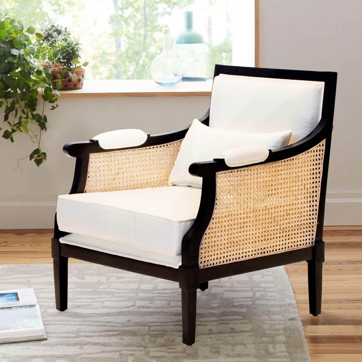Nemaha Black and White Upholstered Rattan Accent Chair with Armrest