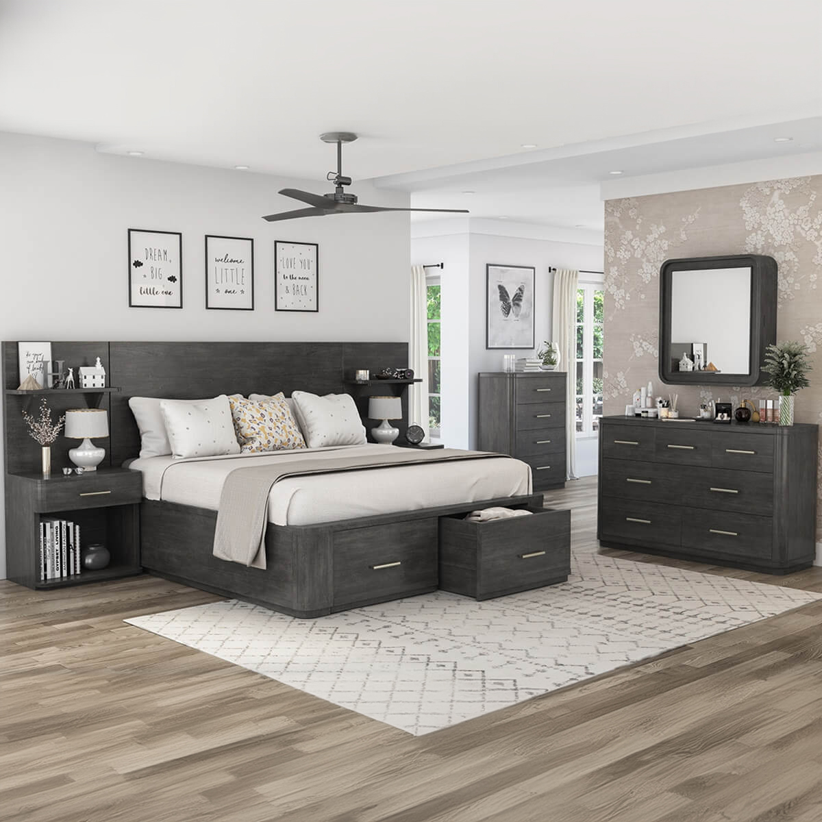 Estherville Modern Charcoal Grey 4 Piece Storage Bedroom Set