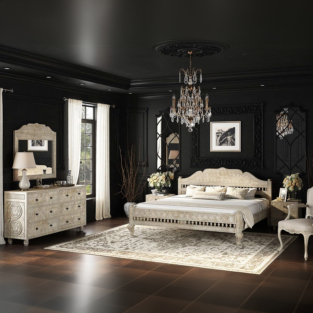 Lahaina Hand Carved Moroccan Style 4 Piece Solid Wood Bedroom Set
