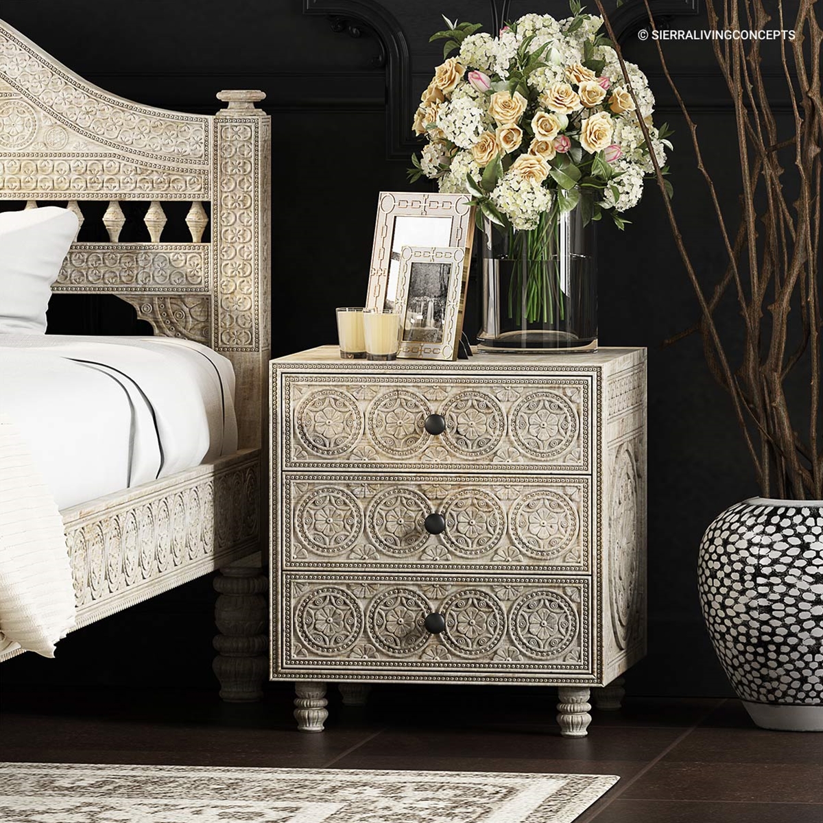 Lahaina Solid Wood Hand Carved Moroccan Style 3 Drawer Nightstand