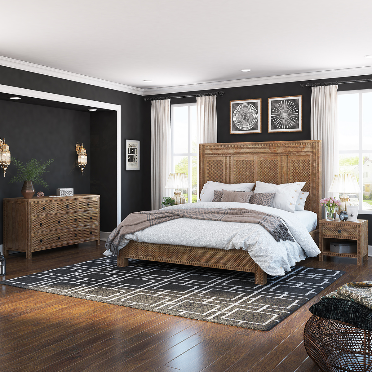 Waukesha Hand Carved Teak Wood Moroccan Style 4 Piece Bedroom Set