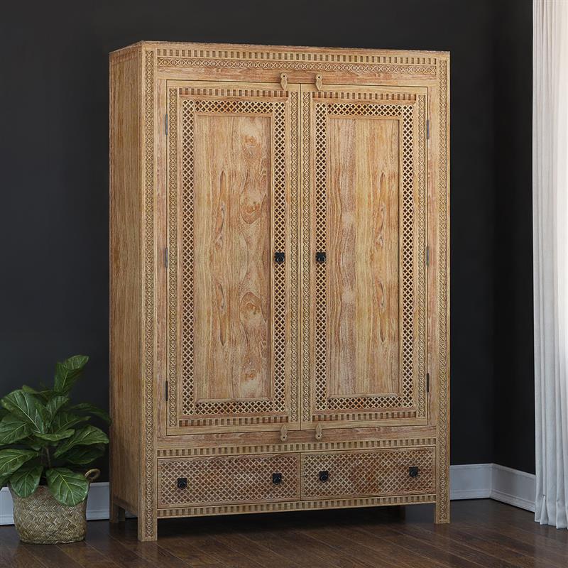 Waukesha Moroccan Style Teak Solid Wood Large Armoire with Hanging Rod