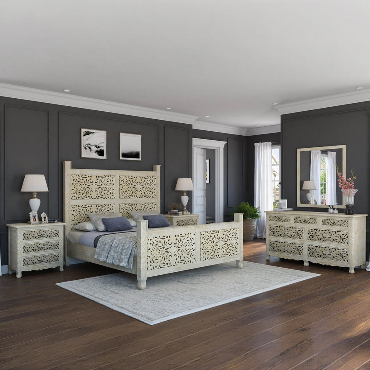 Pennsylvania Solid Wood Moroccan Style Hand Carved 4 Piece Bedroom Set