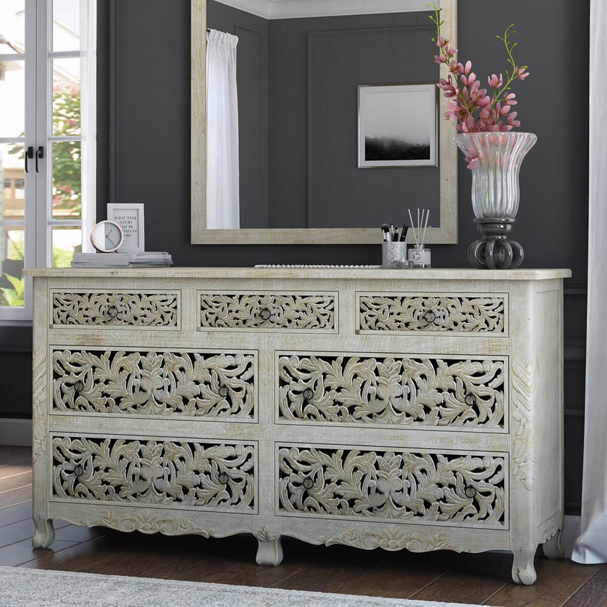 Pennsylvania Solid Wood Queen Anne 7 Drawer White Bedroom Dresser