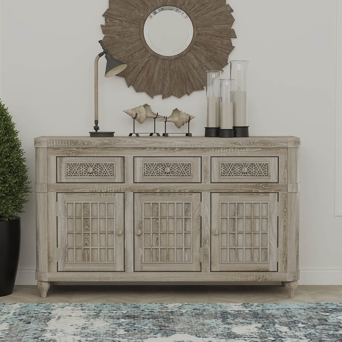 Winnetka Rustic Teak Wood Long Sideboard Cabinet