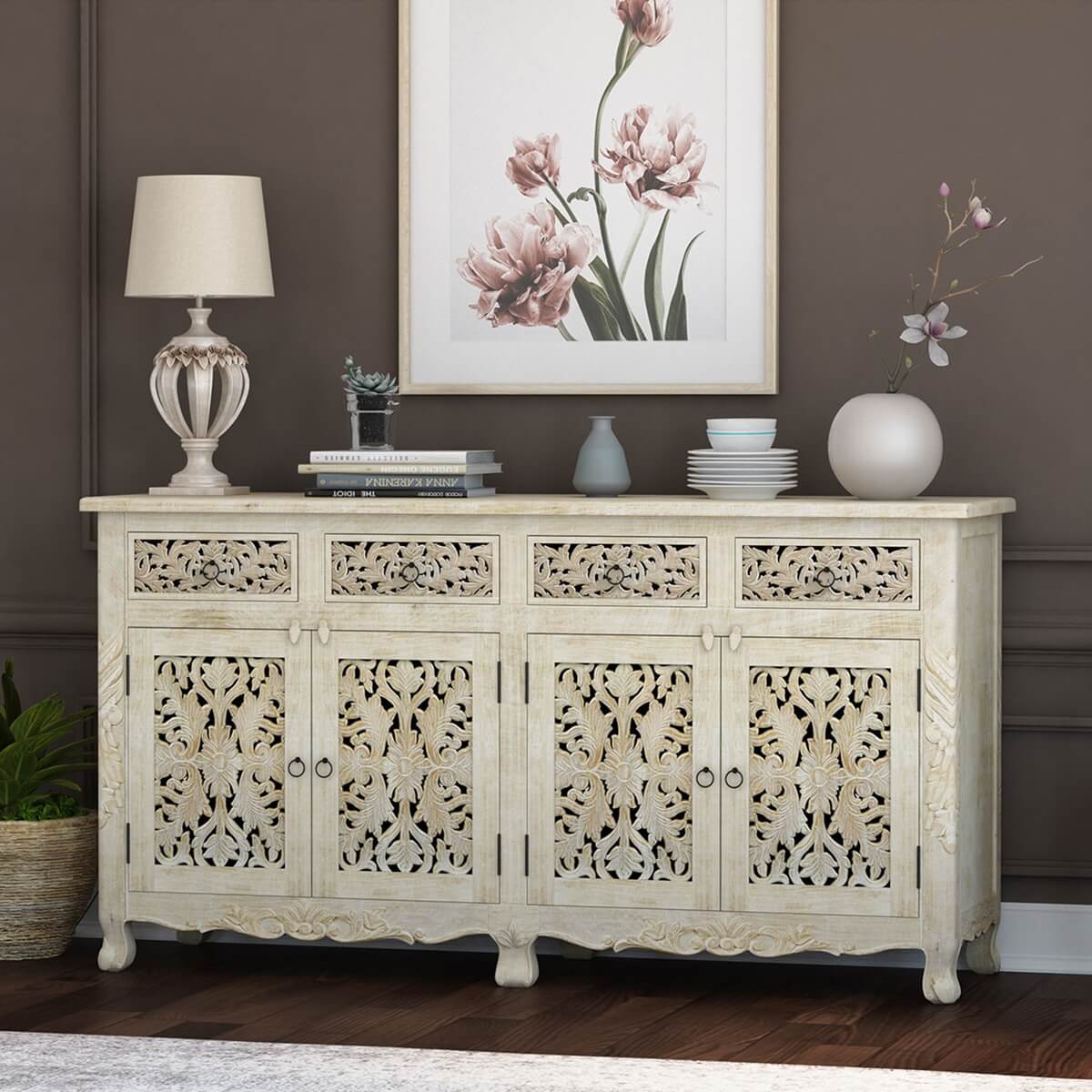 Pennsylvania Solid Wood Hand Carved Sideboard Buffet Cabinet