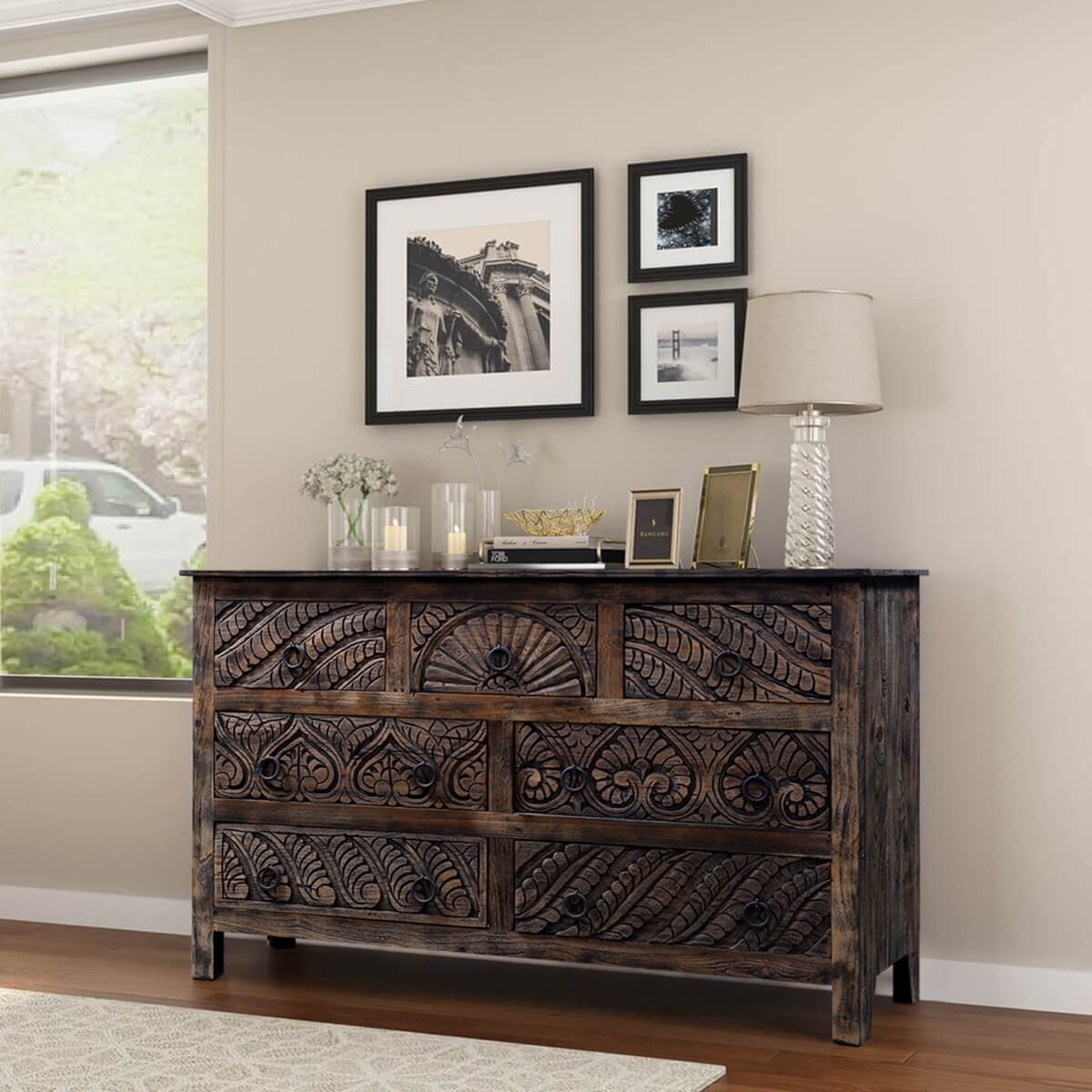 Wabana Handcrafted Carved Reclaimed Wood 7 Drawer Rustic Dresser