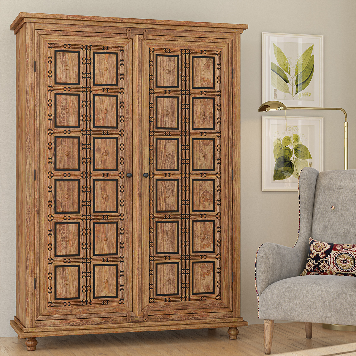 Morna Solid Wood Large Armoire Wardrobe with Shelves