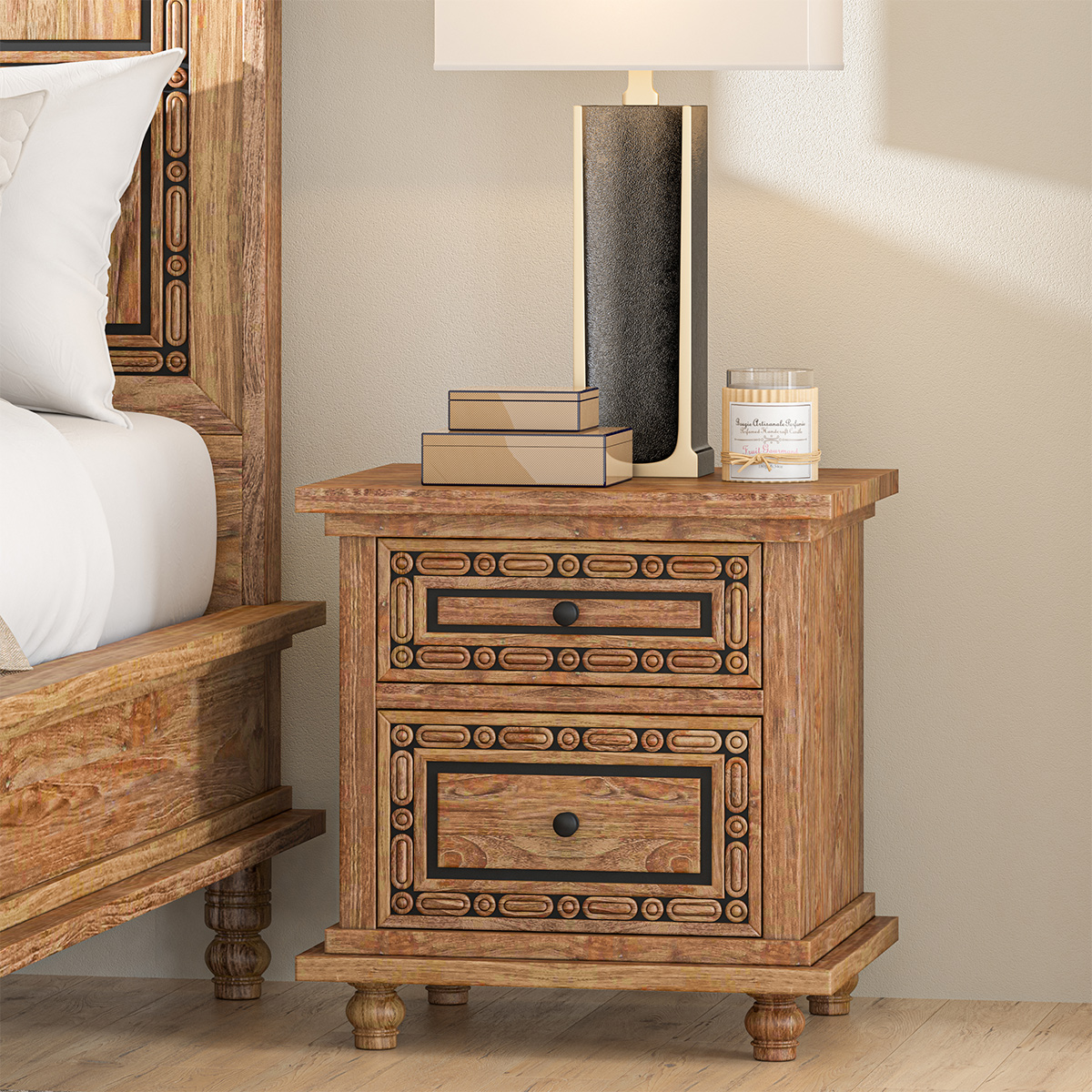 Morna Hand Carved Solid Wood Nightstand with 2 Drawers