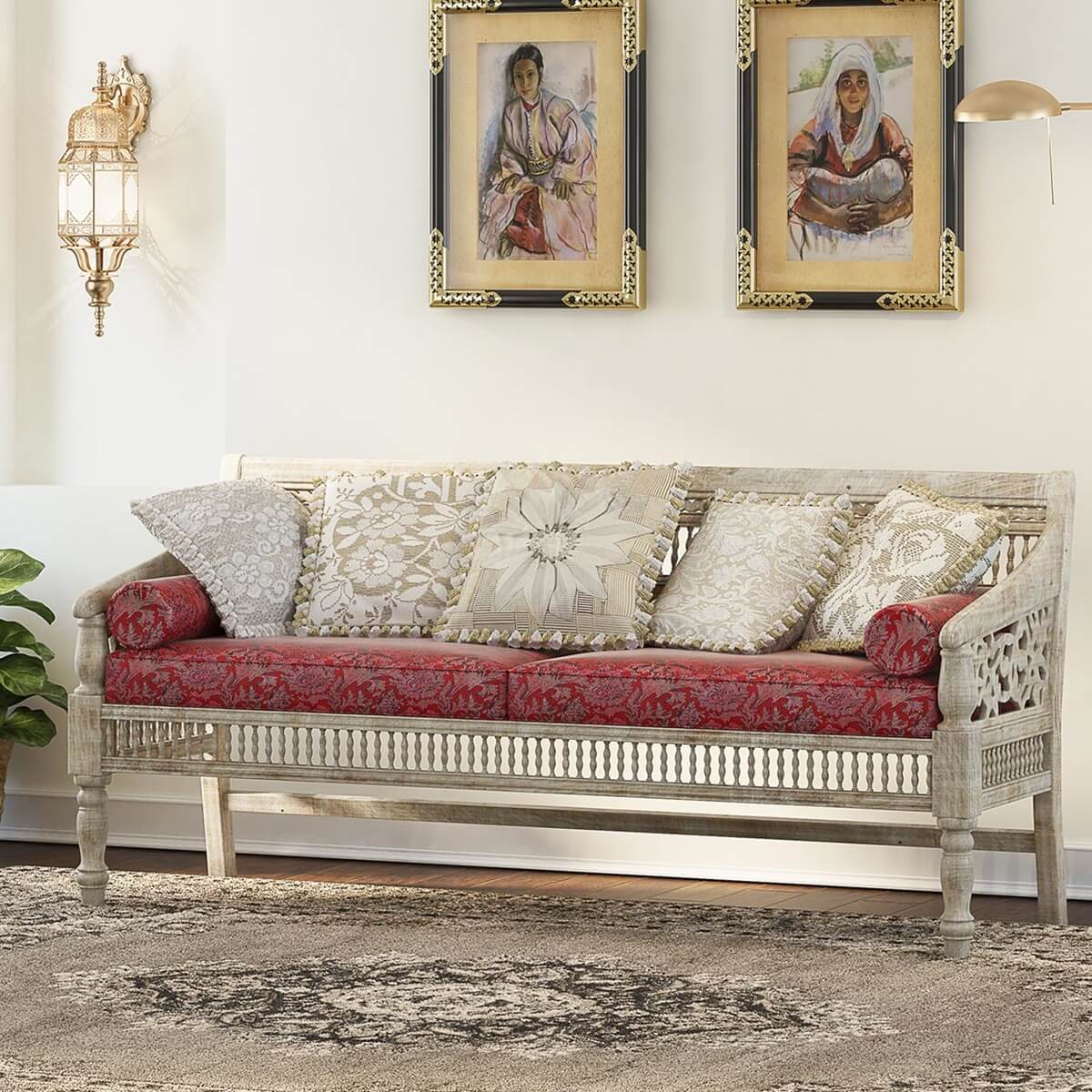 Pennsylvania Solid Wood Traditional Hand carved 3-seater Moroccan Sofa