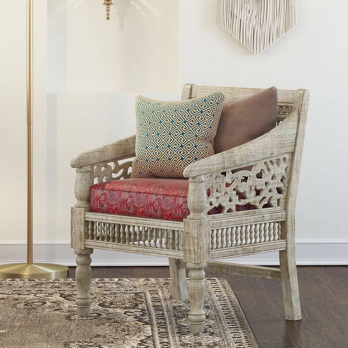 Pennsylvania Solid Wood Hand Carved Moroccan White Sofa Chair