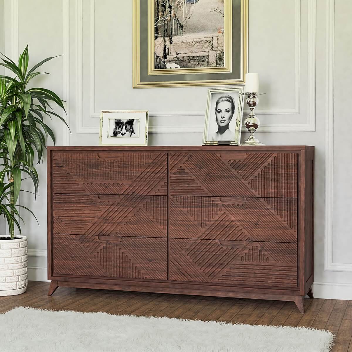 Madsen Mahogany Wood Double Dresser With 6 Drawers