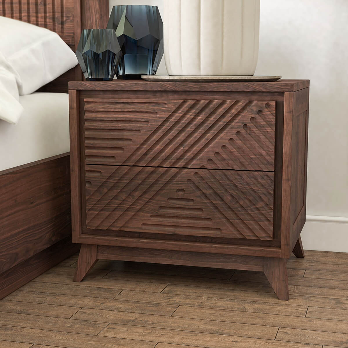 Madsen Mahogany Wood Hand Carved 2 Drawer Nightstand