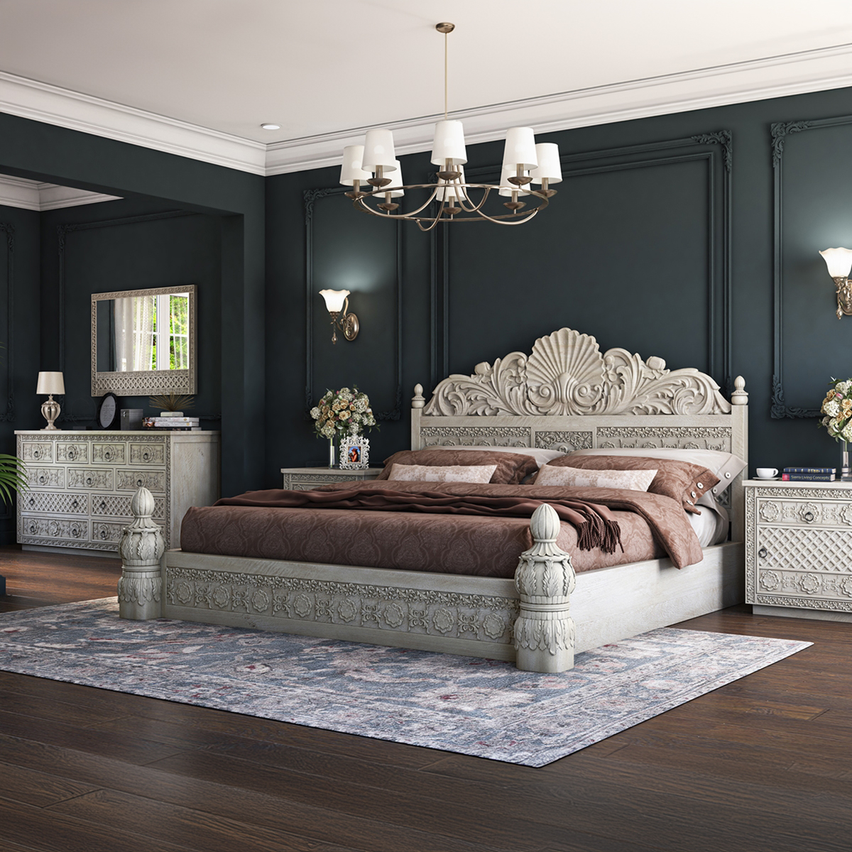Nuala 5-Piece Hand Carved Solid Wood Bedroom Set