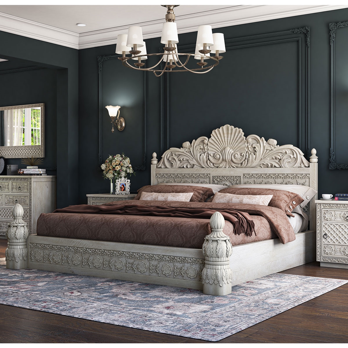 Nuala Hand Carved White Washed Solid Wood Platform Bed Frame