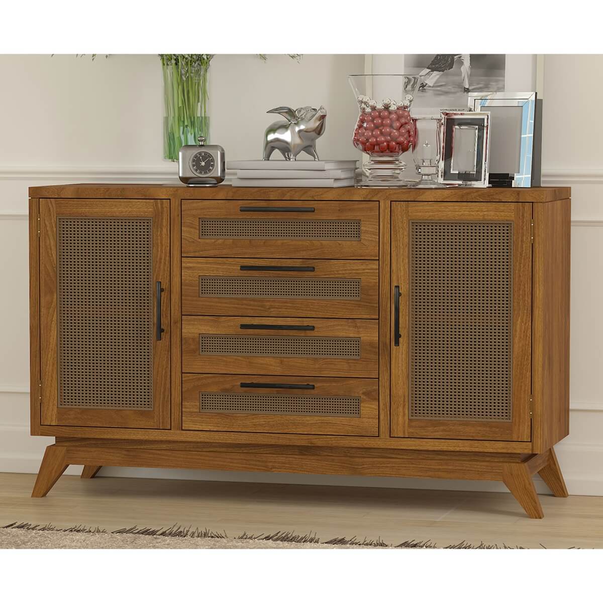 Bonavista Teak Wood 4 Drawer Rattan Large Buffet Cabinet