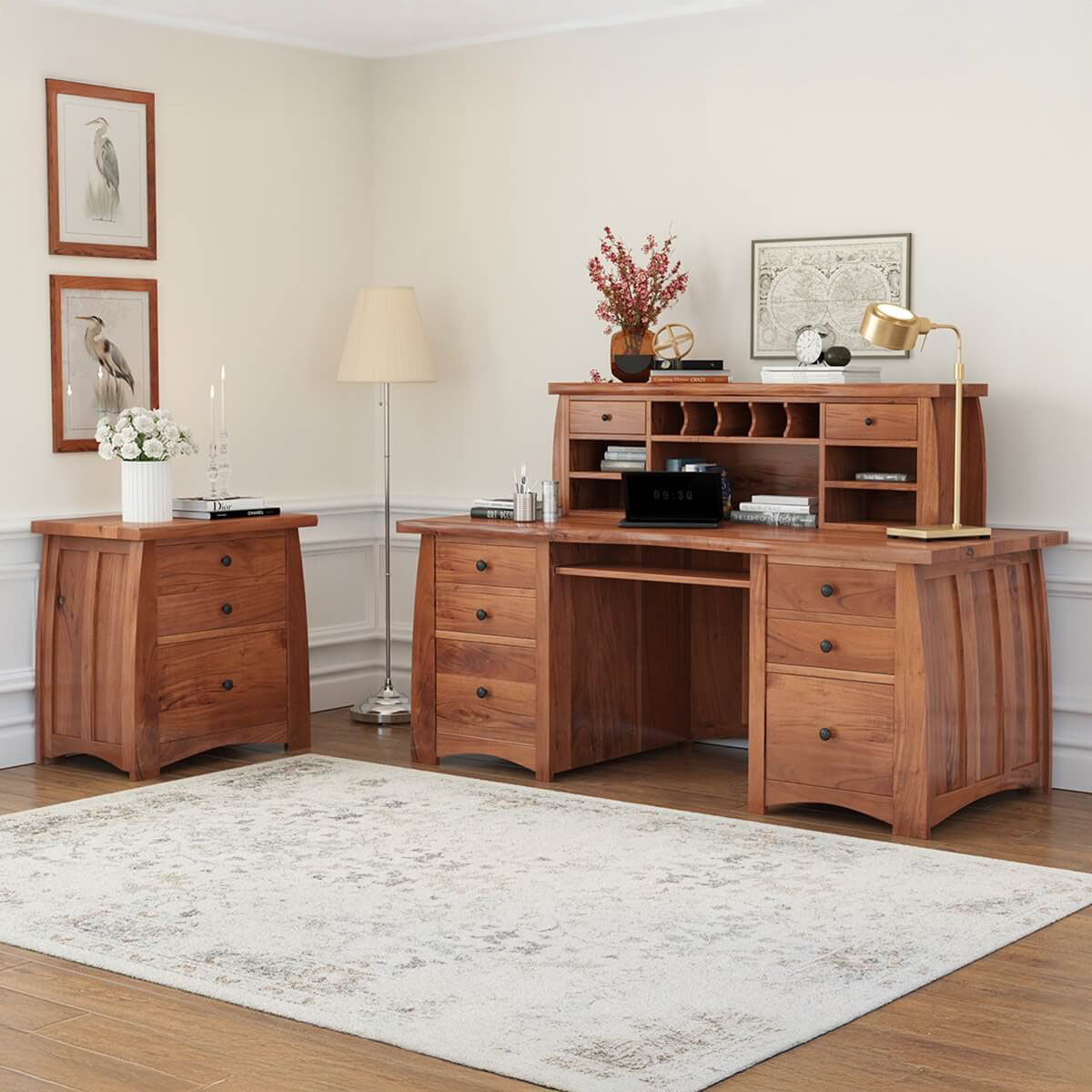 Helston Live Edge Top Solid Wood Executive Hutch Desk with File Cabinet