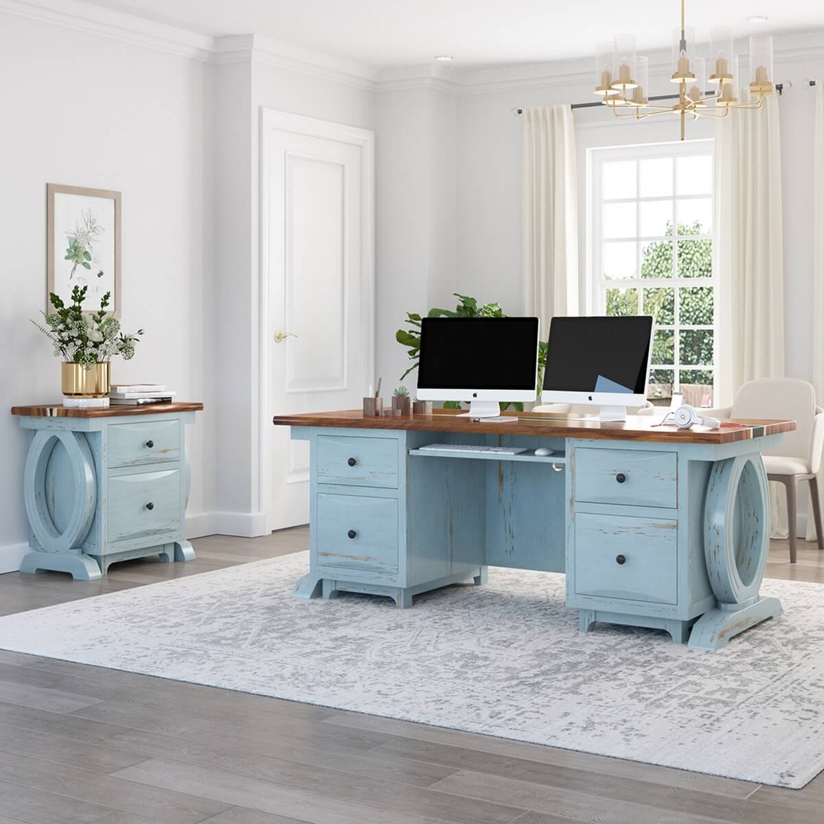Eden Live Edge Two-Tone Blue Solid Wood Executive Desk w File Cabinet