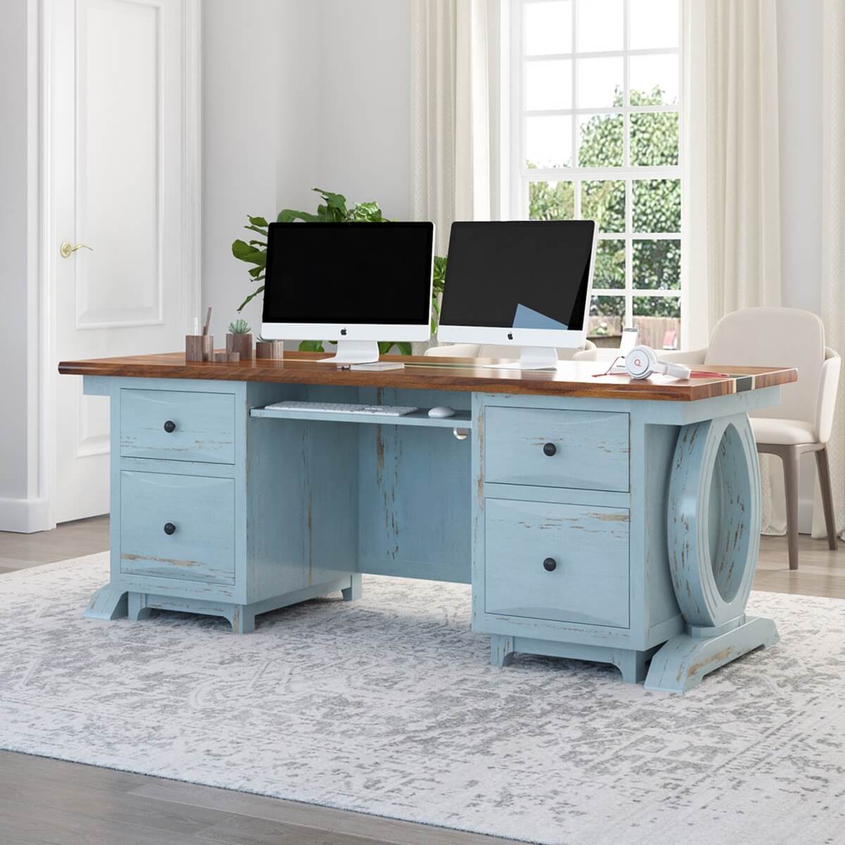 Eden Blue Solid Wood Home Office Executive Desk