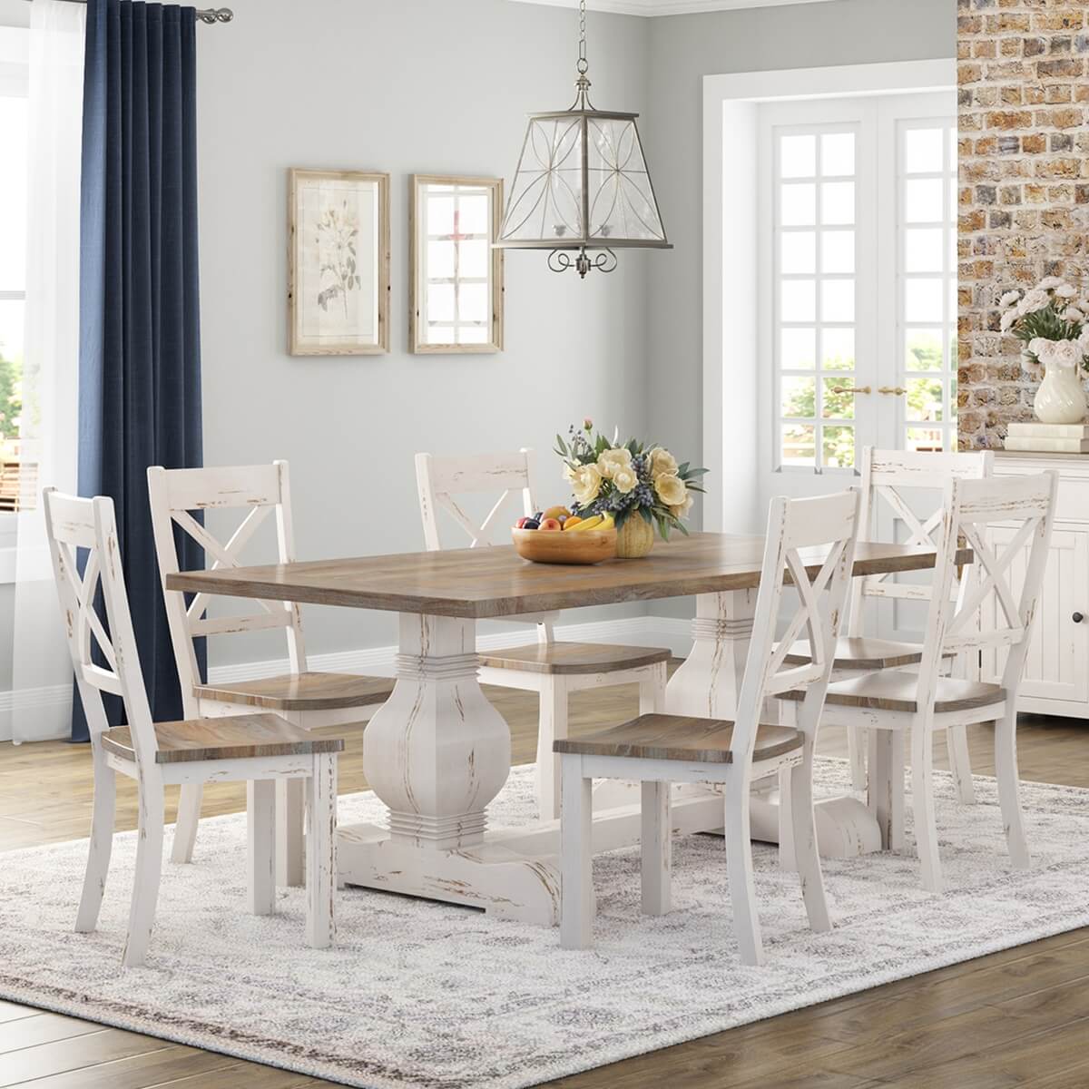Greenville Farmhouse Two Tone Teak Wood Dining Table Chair Set