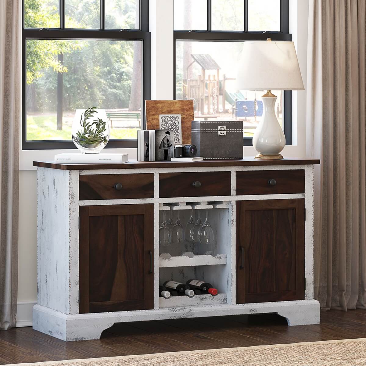 Illinois Solid Wood Two Tone Farmhouse Bar Credenza with Wine Rack